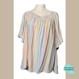 Blue and Pink Relaxed Blouse with Gathered Neckline